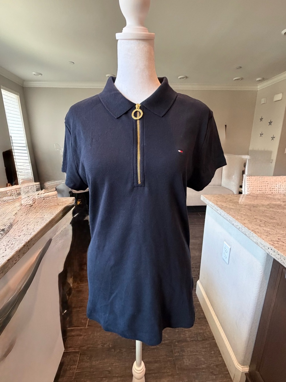 Tommy Hilfiger Navy Short Sleeve Polo with Gold Ring Zip